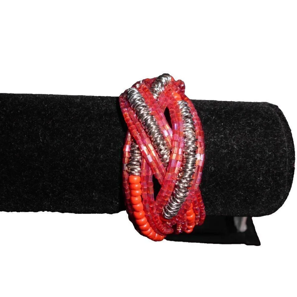 Silver Tone Pink Red Beaded Wired Clasp Bracelet Vintage One Size Fits Most